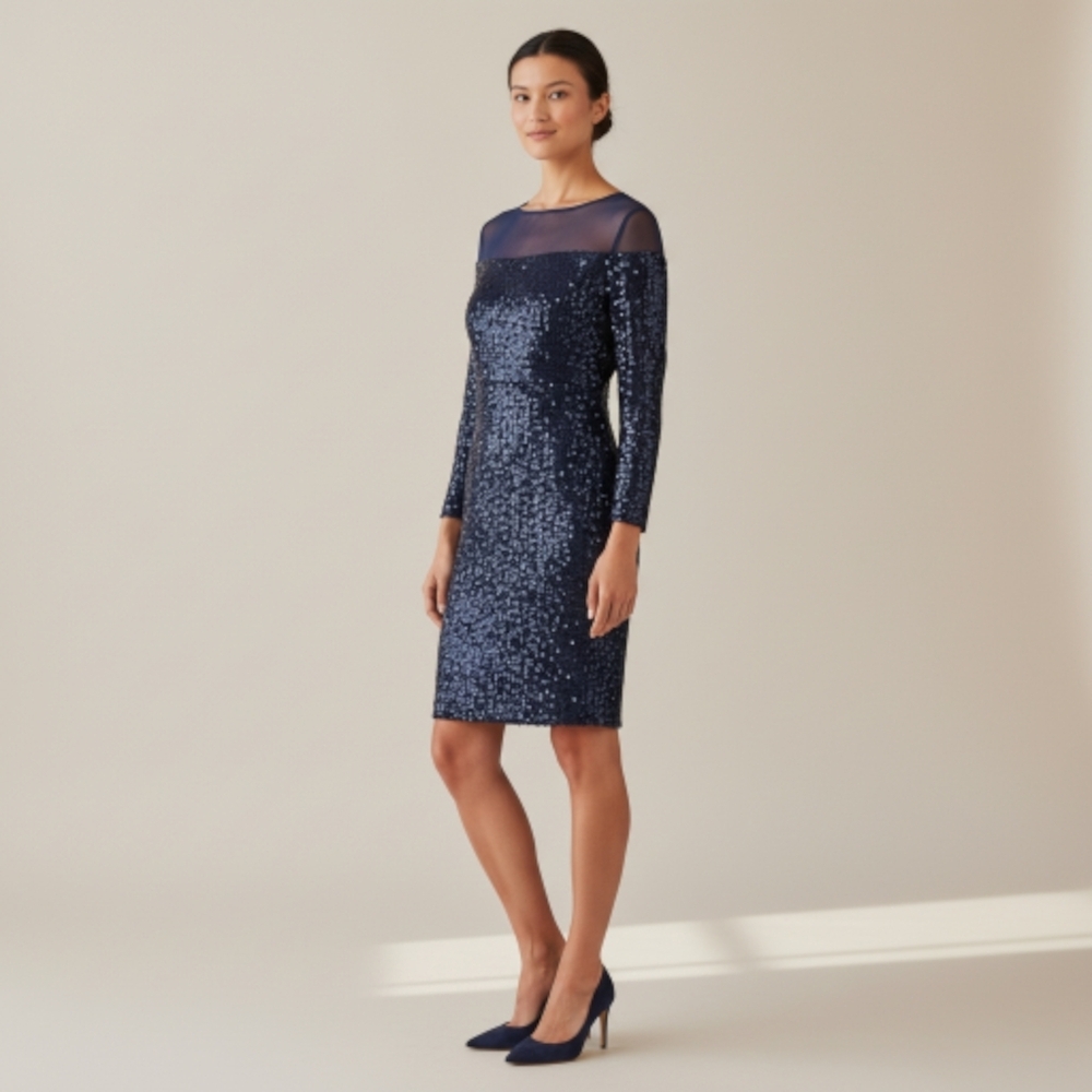 NWT R & M Richards Sequin Long Sleeve Knee-Length Evening Dress Navy‎ Blue 20w